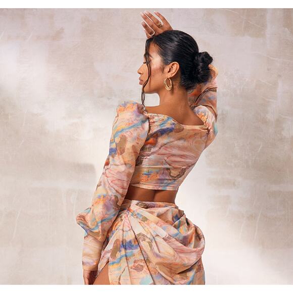 Festival Pastel Marble Boho Fairy Ruched Crop Blouse Long Sleeve 4 / Small NWT - Picture 7 of 10